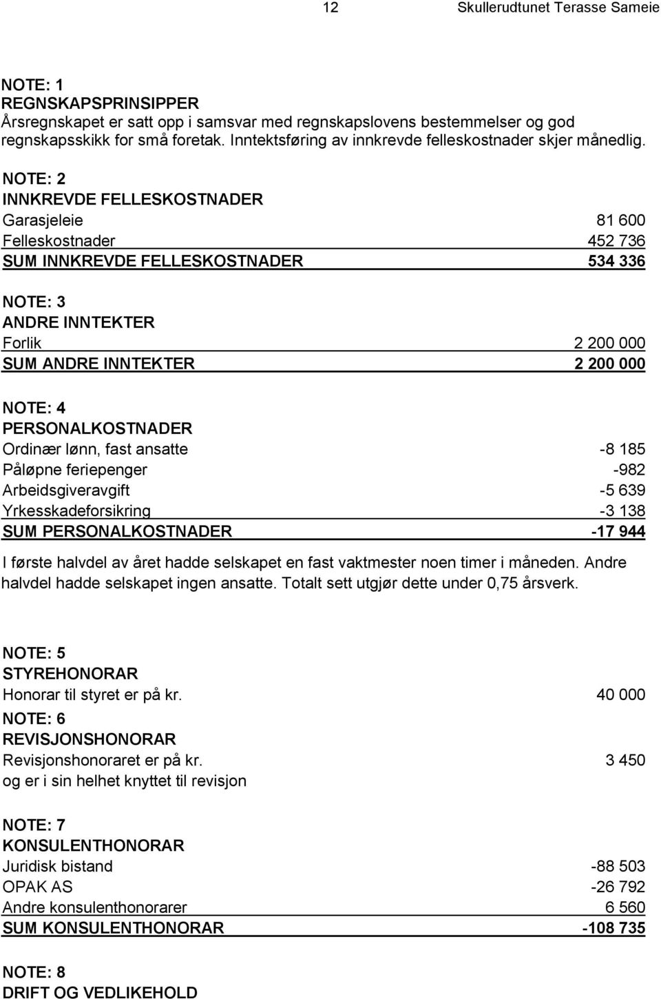 NOTE: 2 INNKREVDE FELLESKOSTNADER Garasjeleie 81 600 Felleskostnader 452 736 SUM INNKREVDE FELLESKOSTNADER 534 336 NOTE: 3 ANDRE INNTEKTER Forlik 2 200 000 SUM ANDRE INNTEKTER 2 200 000 NOTE: 4