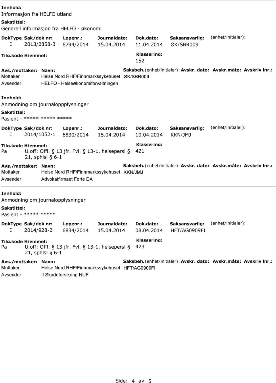 journaloppplysninger sient - 2014/1052-1 6830/2014 10.04.