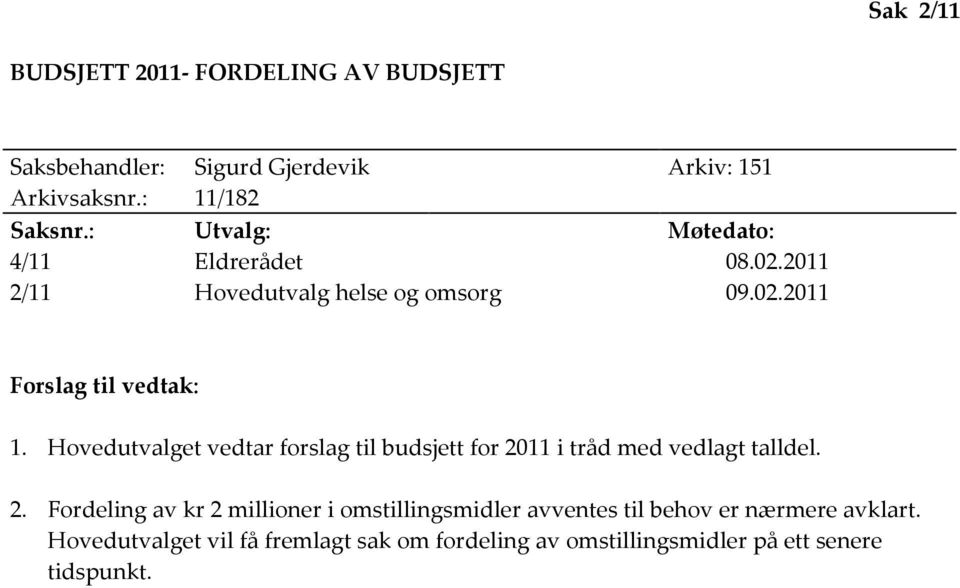 Hovedutvalget vedtar forslag til budsjett for 20