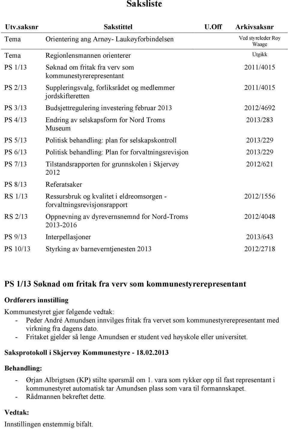 Suppleringsvalg, forliksrådet og medlemmer jordskifteretten 2011/4015 2011/4015 PS 3/13 Budsjettregulering investering februar 2013 2012/4692 PS 4/13 Endring av selskapsform for Nord Troms Museum