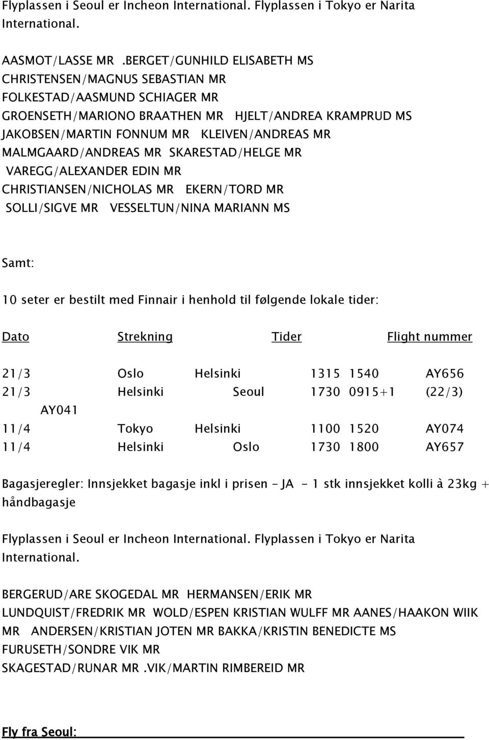 MALMGAARD/ANDREAS MR SKARESTAD/HELGE MR VAREGG/ALEXANDER EDIN MR CHRISTIANSEN/NICHOLAS MR EKERN/TORD MR SOLLI/SIGVE MR VESSELTUN/NINA MARIANN MS 10 seter er bestilt med Finnair i henhold til følgende