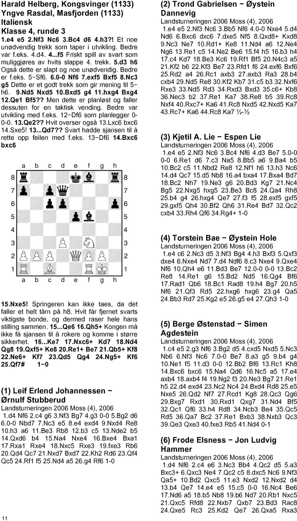 Nc3 g5 Dette er et godt trekk som gir mening til 5 h6. 9.Nd5 Nxd5 10.Bxd5 g4 11.hxg4 Bxg4 12.Qe1 Bf5?? Men dette er planløst og faller dessuten for en taktisk vending. Bedre var utvikling med f.eks.