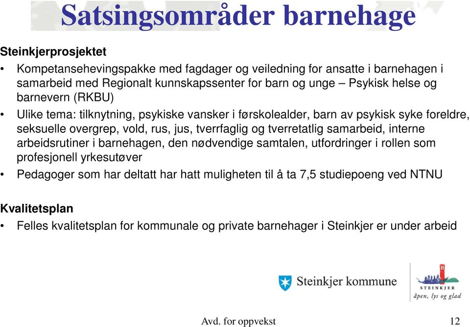 tverrfaglig og tverretatlig samarbeid, interne arbeidsrutiner i barnehagen, den nødvendige samtalen, utfordringer i rollen som profesjonell yrkesutøver Pedagoger som har