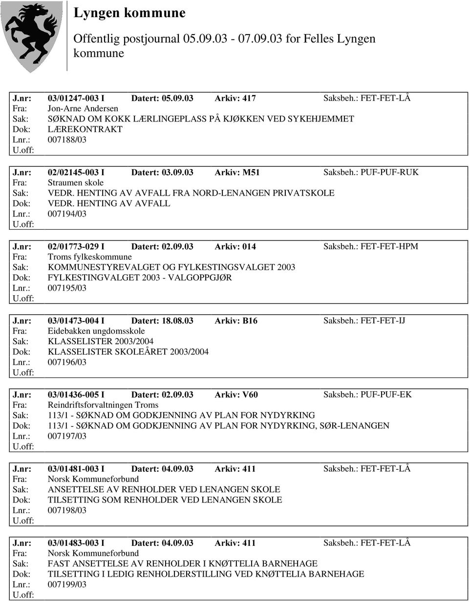 : 007194/03 Fra: Troms fylkes Sak: KOMMUNESTYREVALGET OG FYLKESTINGSVALGET 2003 Dok: FYLKESTINGVALGET 2003 - VALGOPPGJØ R Lnr.: 007195/03 -QU, 'DWHUW $UNLY% Saksbeh.