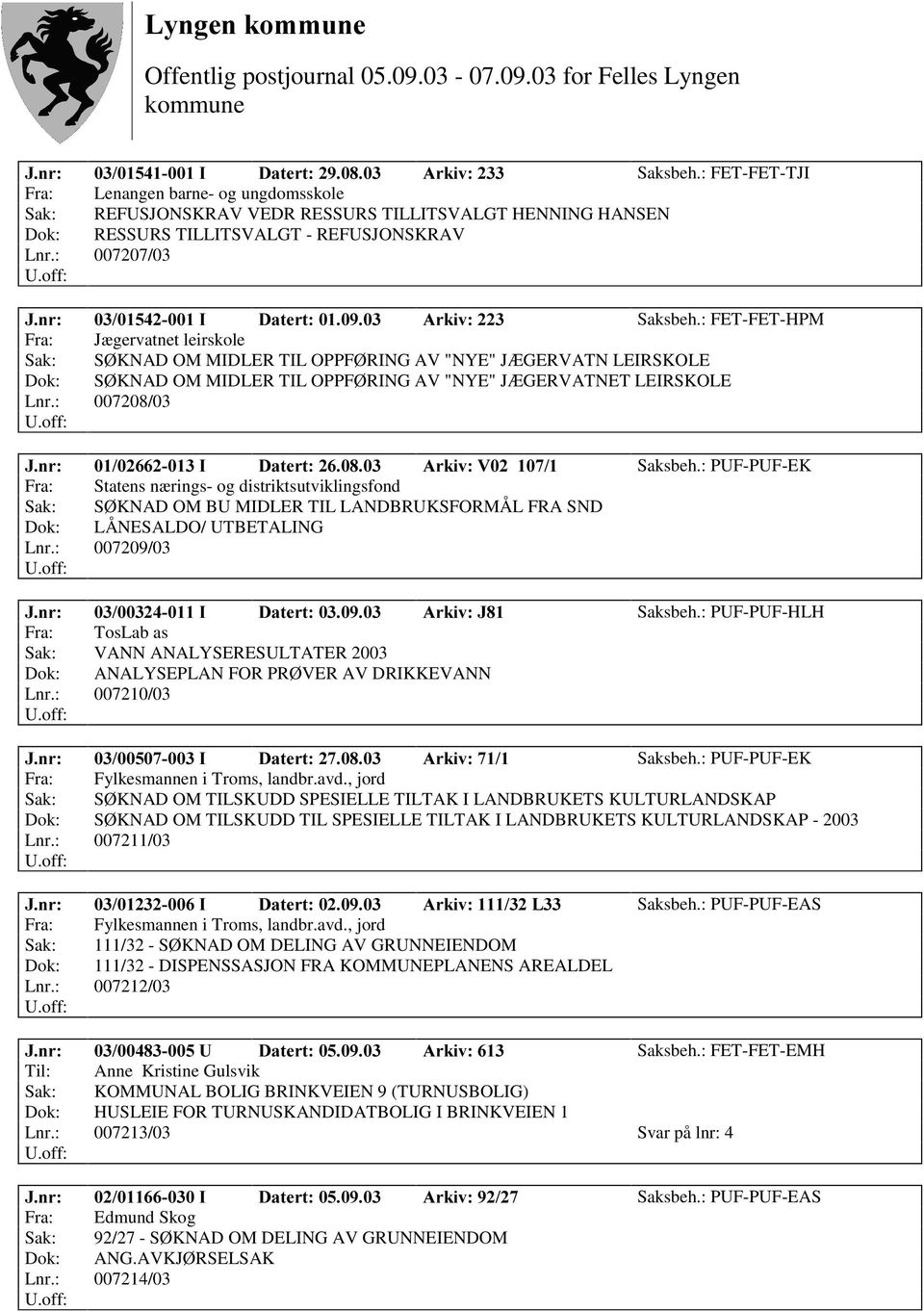 : 007208/03 -QU, 'DWHUW $UNLY9 Saksbeh.: PUF-PUF-EK Fra: Statens nærings- og distriktsutviklingsfond Sak: SØ KNAD OM BU MIDLER TIL LANDBRUKSFORMÅL FRA SND Dok: LÅNESALDO/ UTBETALING Lnr.