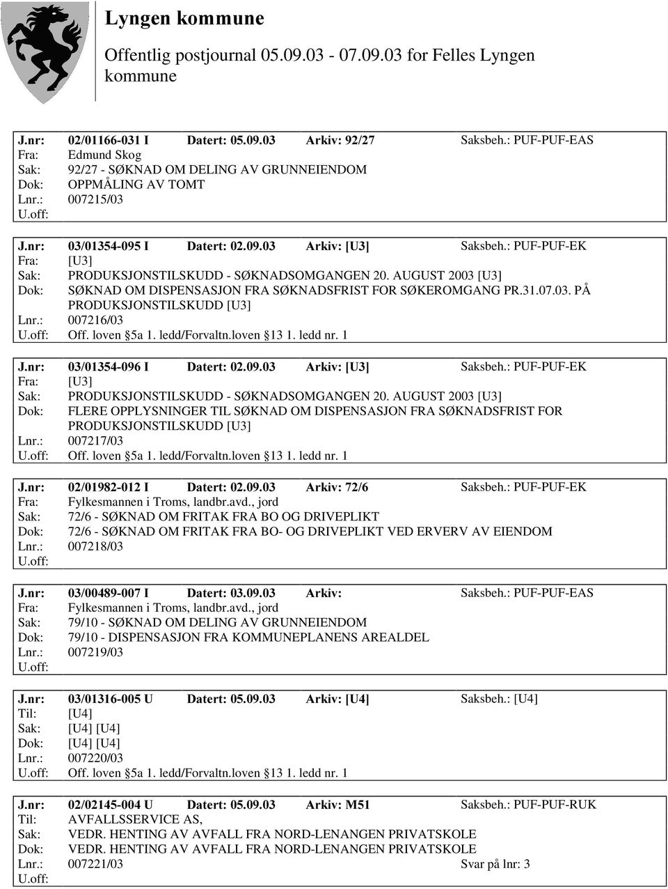 : 007216/03 Off. loven 5a 1. ledd/forvaltn.loven 13 1. ledd nr. 1 -QU, 'DWHUW $UNLY>8@ Saksbeh.: PUF-PUF-EK Fra: [U3] Sak: PRODUKSJONSTILSKUDD - SØ KNADSOMGANGEN 20.