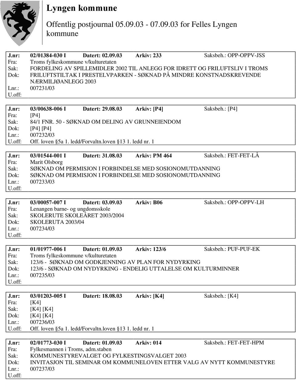 KONSTNADSKREVENDE NÆ RMILJØ ANLEGG 2003 Lnr.: 007231/03 -QU, 'DWHUW $UNLY>3@ Saksbeh.: [P4] Fra: [P4] Sak: 84/1 FNR. 50 - SØ KNAD OM DELING AV GRUNNEIENDOM Dok: [P4] [P4] Lnr.: 007232/03 Off.