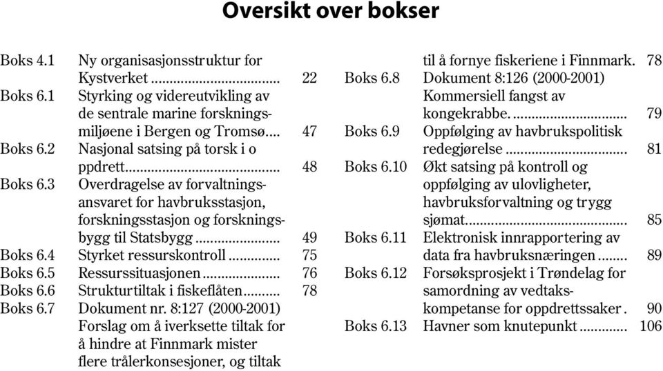 4 Styrket ressurskontroll... 75 Boks 6.5 Ressurssituasjonen... 76 Boks 6.6 Strukturtiltak i fiskeflåten... 78 Boks 6.7 Dokument nr.