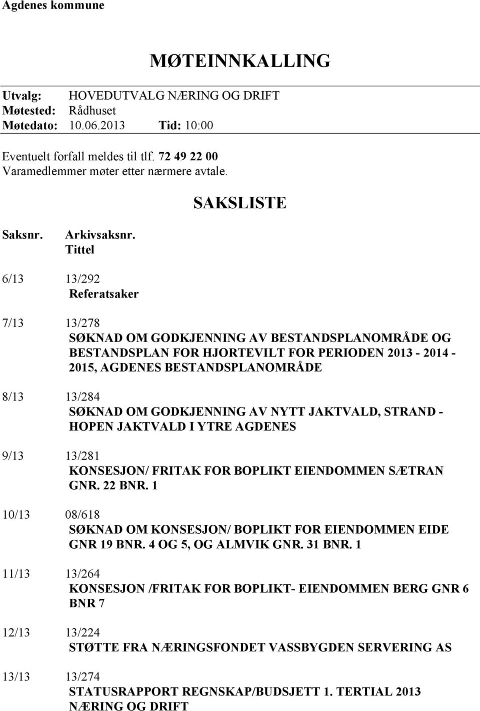 Tittel 6/13 13/292 Referatsaker 7/13 13/278 SØKNAD OM GODKJENNING AV BESTANDSPLANOMRÅDE OG BESTANDSPLAN FOR HJORTEVILT FOR PERIODEN 2013-2014 - 2015, AGDENES BESTANDSPLANOMRÅDE 8/13 13/284 SØKNAD OM