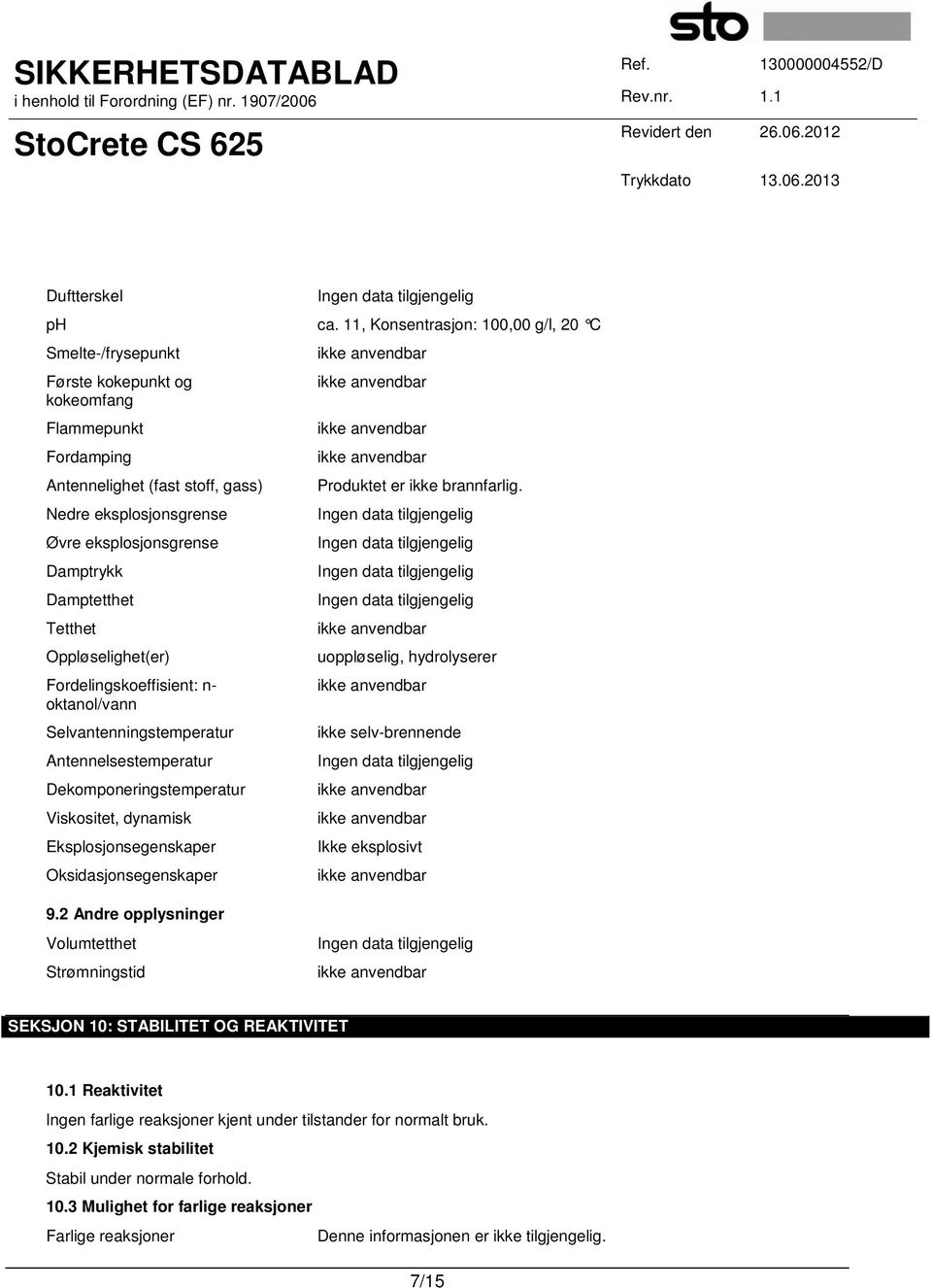 selv-brennende Antennelsestemperatur Dekomponeringstemperatur Viskositet, dynamisk Eksplosjonsegenskaper Ikke eksplosivt Oksidasjonsegenskaper 9.