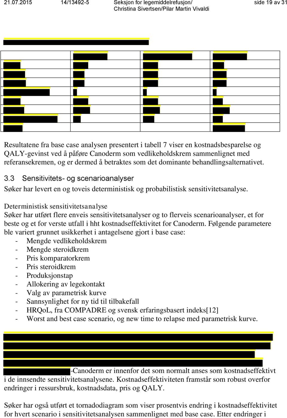 Deterministisk sensitivitetsanalyse Søker har utført flere enveis sensitivitetsanalyser og to flerveis scenarioanalyser, et for beste og et for verste utfall i hht kostnadseffektivitet for Canoderm.