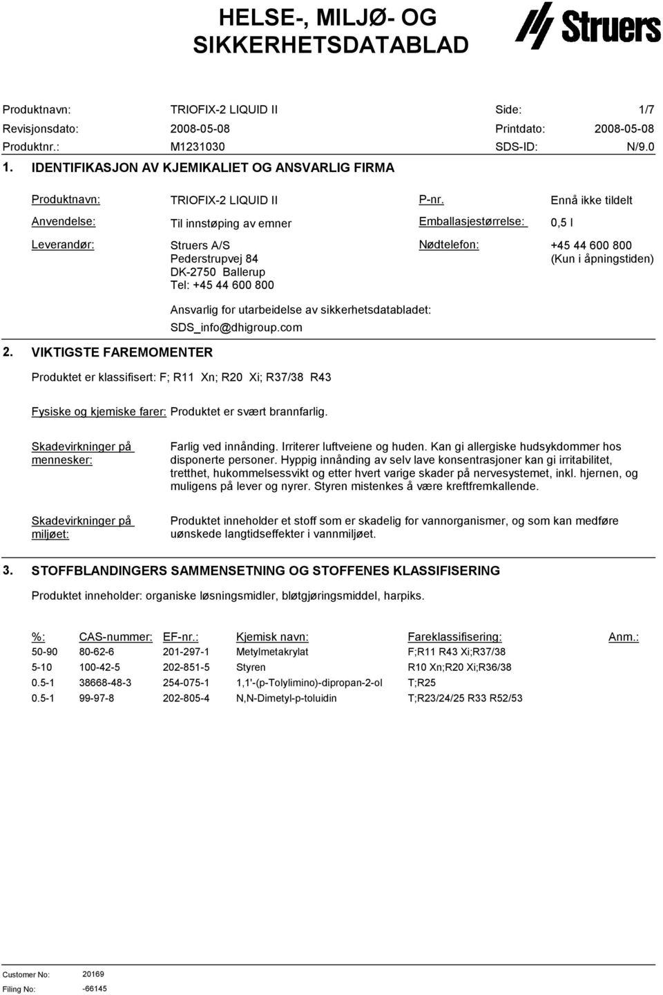 åpningstiden) Ansvarlig for utarbeidelse av sikkerhetsdatabladet: SDS_info@dhigroup.com 2.