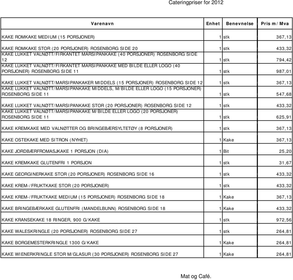 VALNØTT/MARSIPANKAKE MIDDELS M/BILDE ELLER LOGO (15 PORSJONER) ROSENBORG SIDE 11 578 KAKE LUKKET VALNØTT/MARSIPANKAKE STOR (2 PORSJONER) ROSENBORG SIDE 12 3332 KAKE LUKKET VALNØTT/MARSIPANKAKE