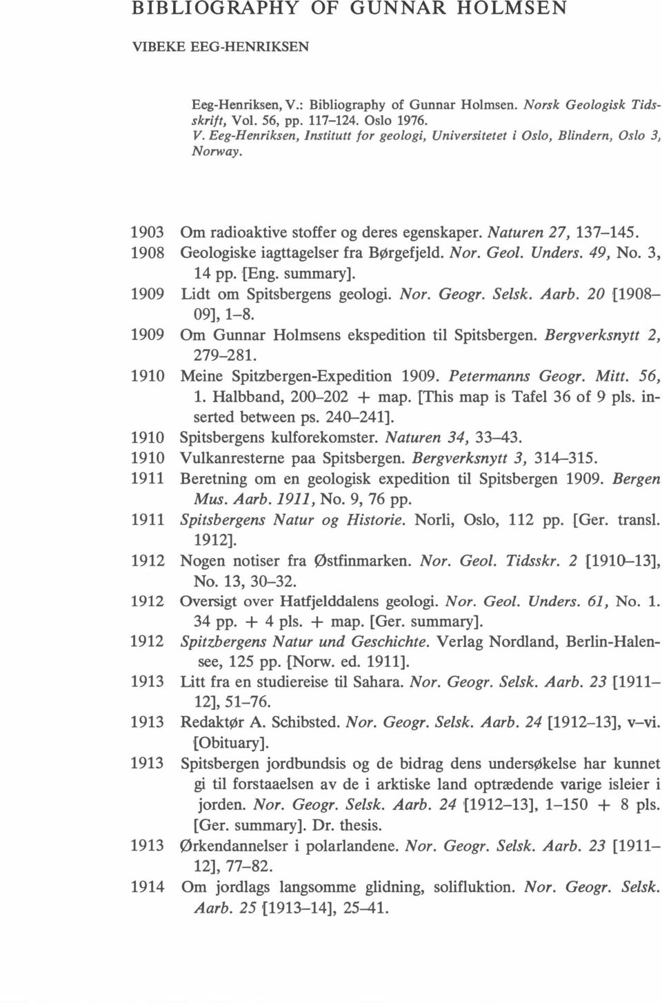 1909 Lidt om Spitsbergens geologi. Nor. Geogr. Selsk. Aarb. 20 [1908-09], 1-8. 1909 Om Gunnar Holmsens ekspedition til Spitsbergen. Bergverksnytt 2, 279-281. 1910 Meine Spitzbergen-Expedition 1909.