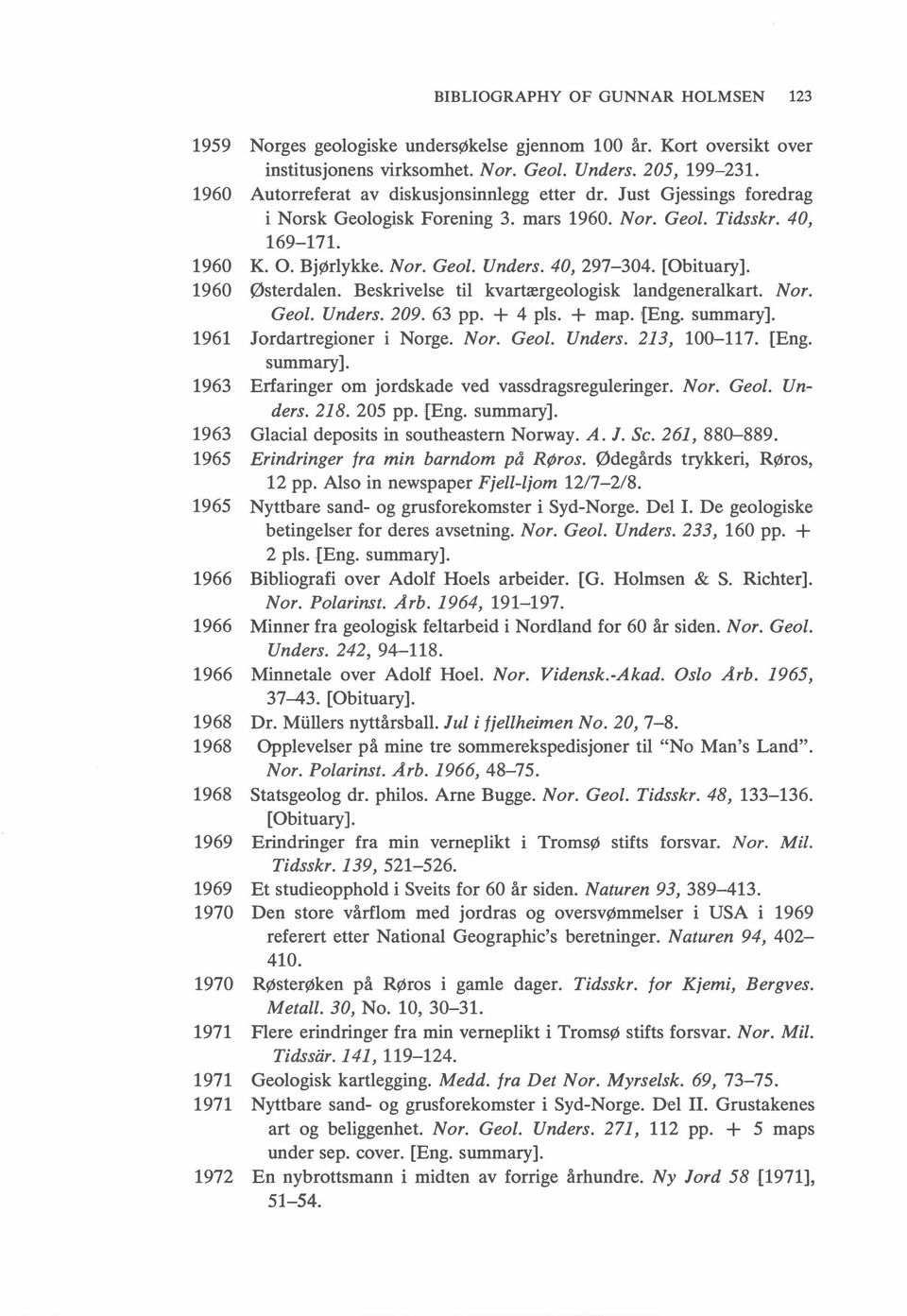 [Obituary]. 1960 Østerdalen. Beskrivelse til kvartærgeologisk landgeneralkart. Nor. Geol. Unders. 209. 63 pp. + 4 pls. + map. [Eng. summary]. 1961 Jordartregioner i Norge. Nor. Geol. Unders. 213, 100-117.