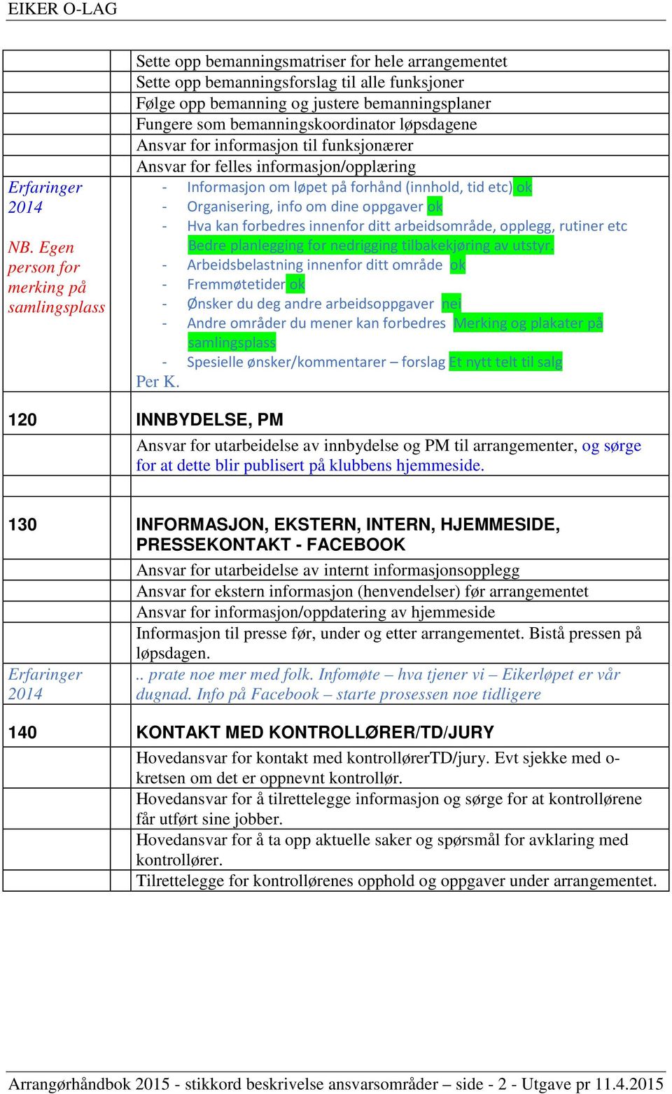 info om dine oppgaver ok - Hva kan forbedres innenfor ditt arbeidsområde, opplegg, rutiner etc Bedre planlegging for nedrigging tilbakekjøring av utstyr.