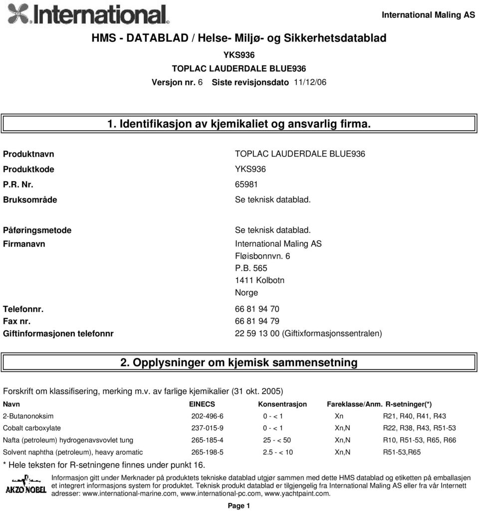 av farlige kjemikalier (31 okt. 2005) Navn EINECS Konsentrasjon Fareklasse/Anm.