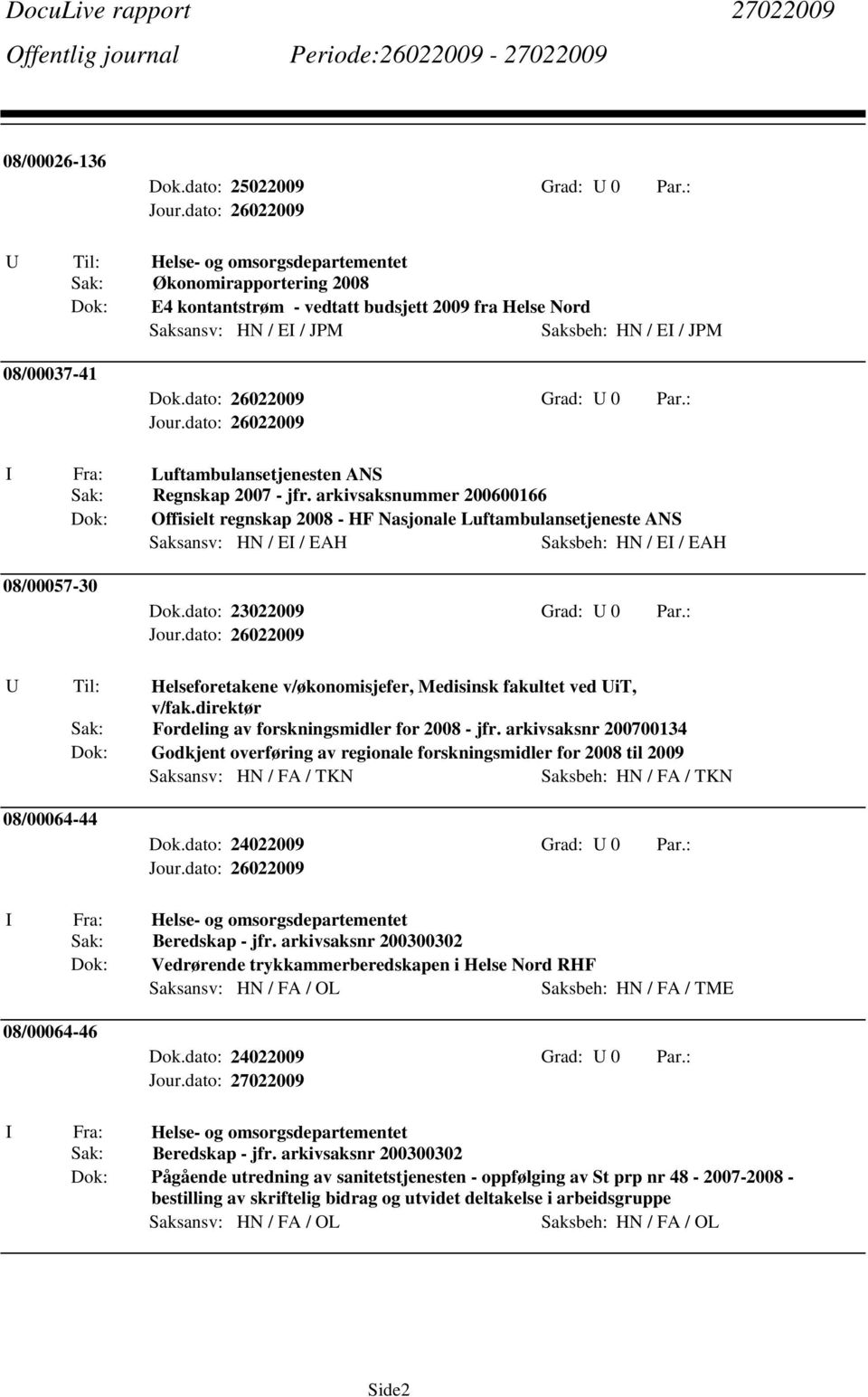 arkivsaksnummer 200600166 Dok: Offisielt regnskap 2008 - HF Nasjonale Luftambulansetjeneste ANS Saksansv: HN / EI / EAH Saksbeh: HN / EI / EAH 08/00057-30 U Til: Helseforetakene v/økonomisjefer,