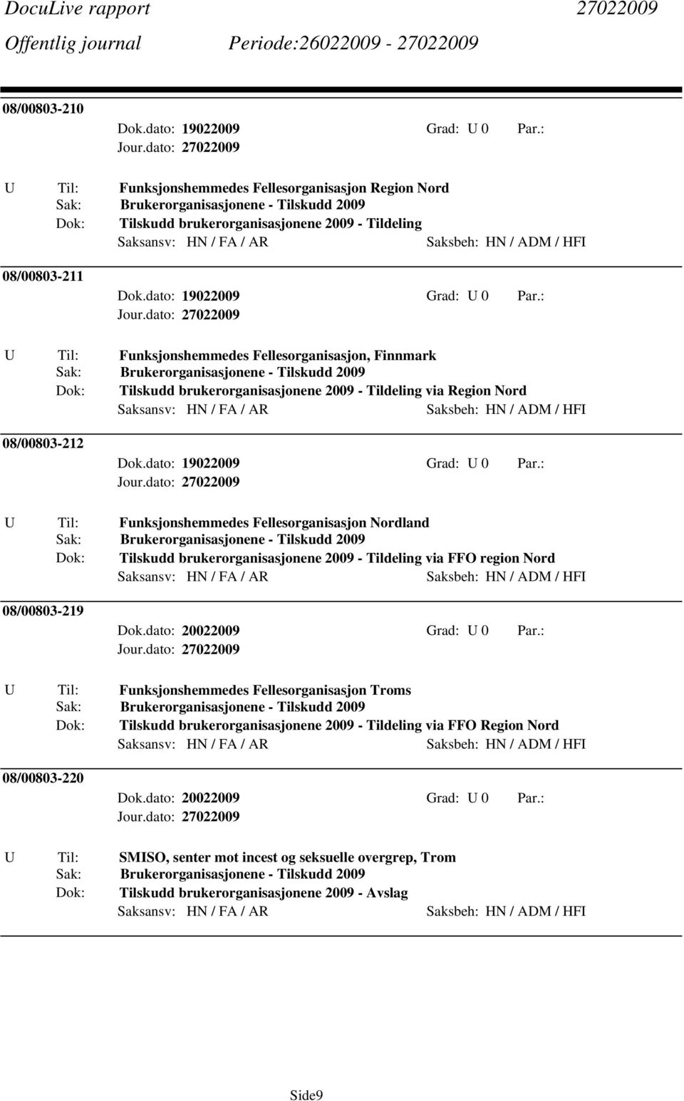 dato: 20022009 Grad: U 0 Par.: U Til: Funksjonshemmedes Fellesorganisasjon Troms Dok: Tilskudd brukerorganisasjonene 2009 - Tildeling via FFO Region Nord 08/00803-220 Dok.dato: 20022009 Grad: U 0 Par.: U Til: SMISO, senter mot incest og seksuelle overgrep, Trom Dok: Tilskudd brukerorganisasjonene 2009 - Avslag Side9