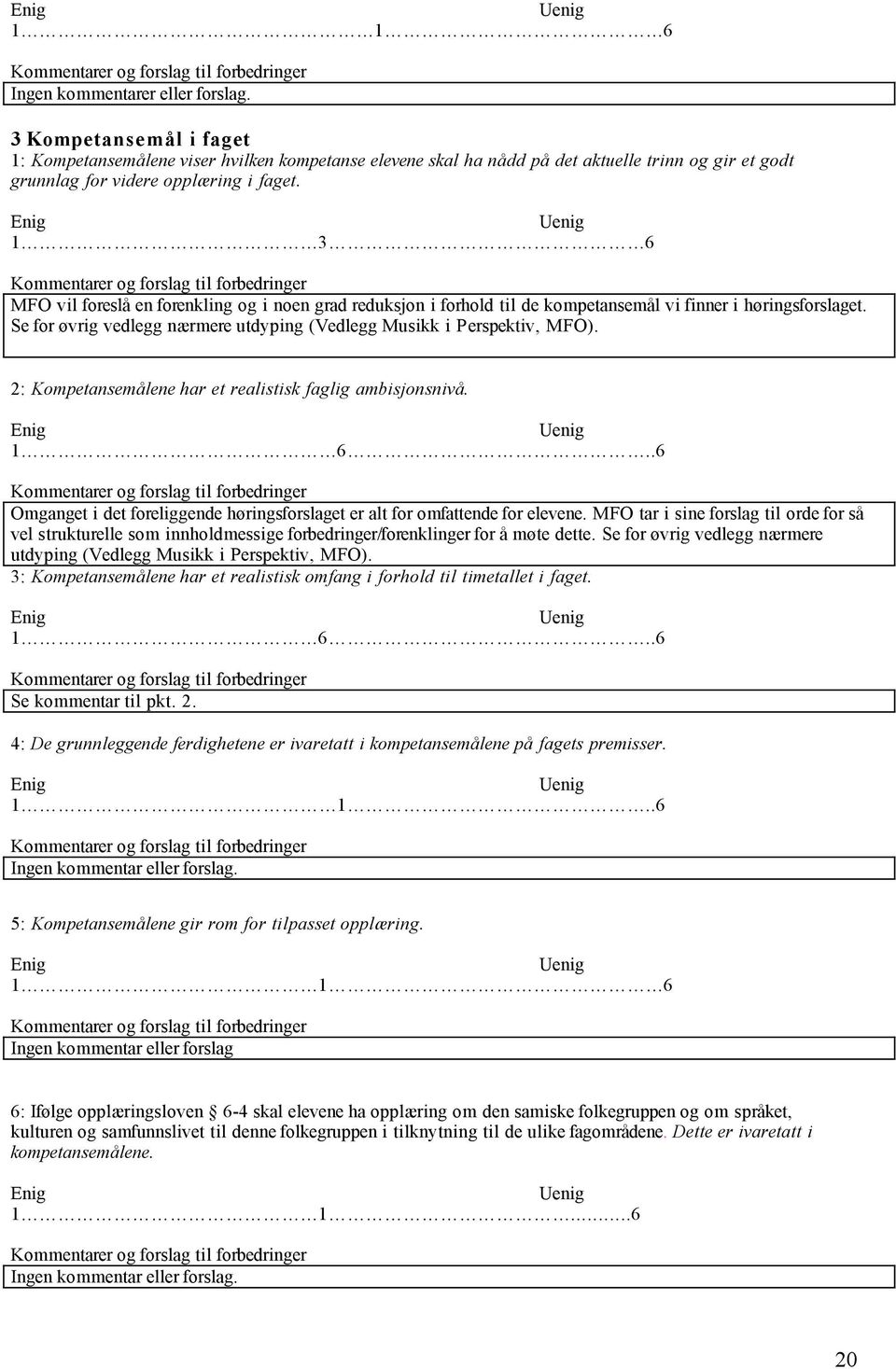 Enig 1 3 6 MFO vil foreslå en forenkling og i noen grad reduksjon i forhold til de kompetansemål vi finner i høringsforslaget. Se for øvrig vedlegg nærmere utdyping (Vedlegg Musikk i Perspektiv, MFO).