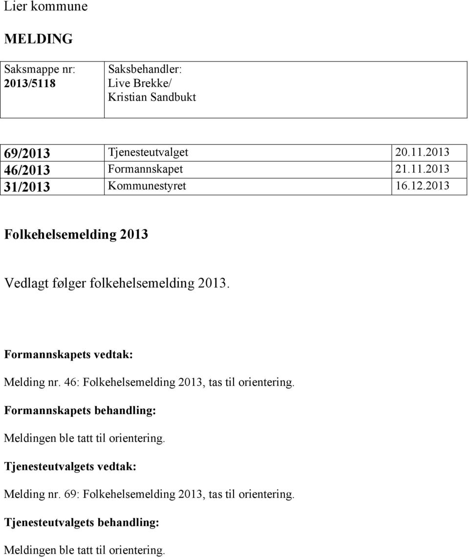 46: Folkehelsemelding 2013, tas til orientering. Formannskapets behandling: Meldingen ble tatt til orientering.