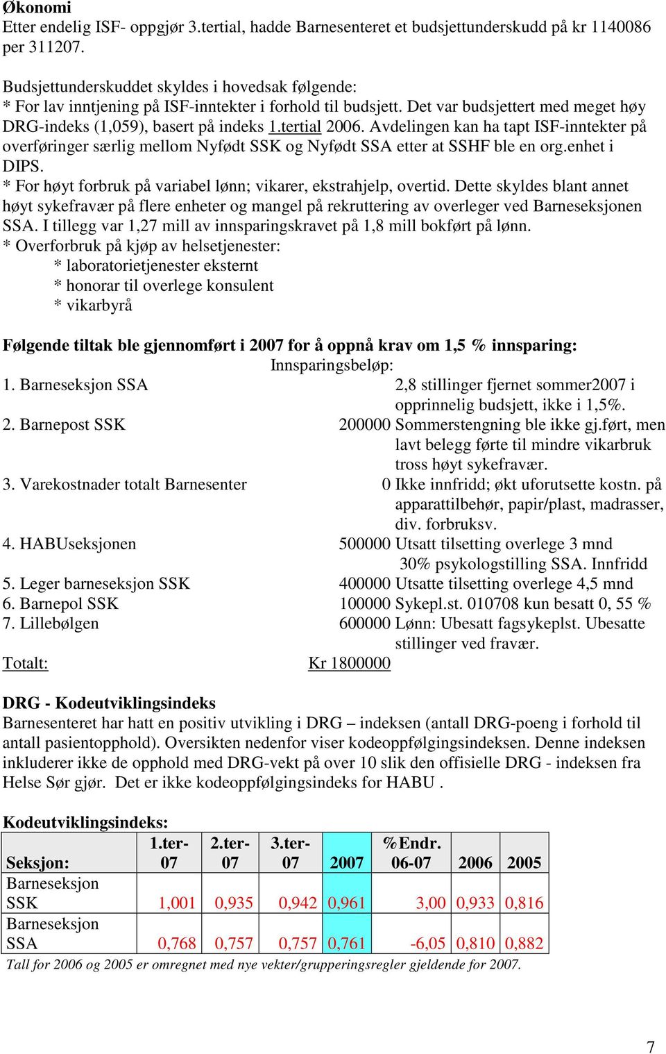 Avdelingen kan ha tapt ISF-inntekter på overføringer særlig mellom Nyfødt SSK og Nyfødt SSA etter at SSHF ble en org.enhet i DIPS. * For høyt forbruk på variabel lønn; vikarer, ekstrahjelp, overtid.