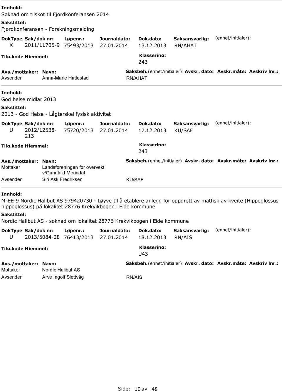 12538-213 Løpenr.: 75720/2013 17.12.2013 K/SAF Mottaker Landsforeningen for overvekt v/gunnhild Merindal Siri Ask Fredriksen K/SAF M-EE-9 Nordic Halibut AS 979420730 - Løyve til å