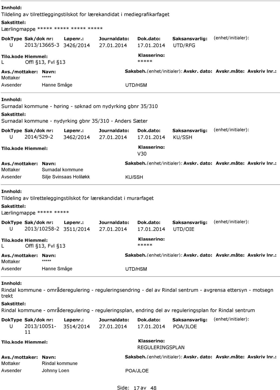 01.2014 K/SSH V30 Mottaker Surnadal kommune Silje Svinsaas Holiløkk K/SSH Tildeling av tilretteleggingstilskot for lærekandidat i murarfaget Lærlingmappe 2013/10258-2 3511/2014 17.01.2014 TD/OE L