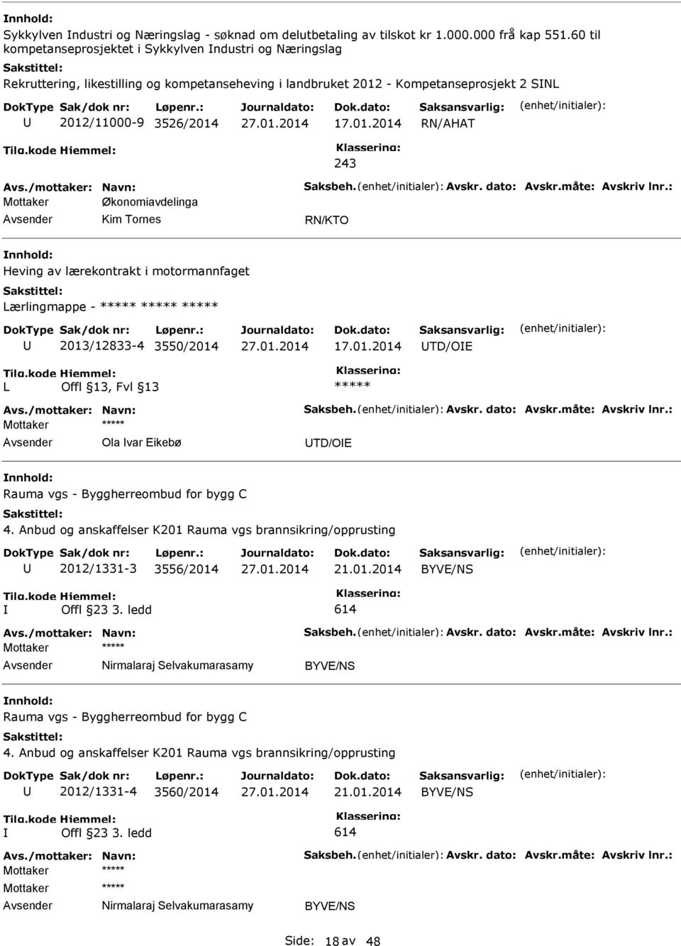 - Kompetanseprosjekt 2 SNL 2012/11000-9 3526/2014 17.01.2014 RN/AHAT Mottaker Økonomiavdelinga Kim Tornes RN/KTO Heving av lærekontrakt i motormannfaget Lærlingmappe - 2013/12833-4 3550/2014 17.01.2014 TD/OE L Mottaker Ola var Eikebø TD/OE Rauma vgs - Byggherreombud for bygg C 4.