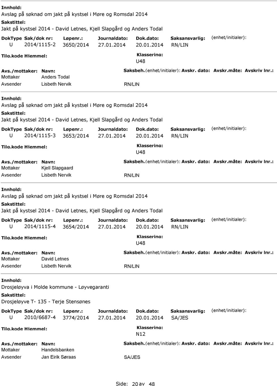 01.2014 RN/LN 48 Mottaker Kjell Slapgaard Lisbeth Nervik RN/LN  Jakt på kystsel 2014 - David Letnes, Kjell Slapgård og Anders Todal 2014/1115-4 3654/2014 20.01.2014 RN/LN 48 Mottaker David Letnes Lisbeth Nervik RN/LN Drosjeløyva i Molde kommune - Løyvegaranti Drosjeløyve T- 135 - Terje Stensønes 2010/6687-4 3774/2014 20.