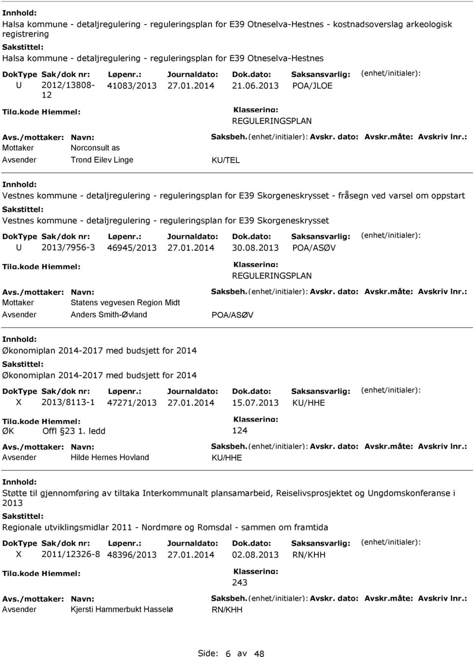 2013 POA/JLOE REGLERNGSPLAN Mottaker Norconsult as Trond Eilev Linge K/TEL Vestnes kommune - detaljregulering - reguleringsplan for E39 Skorgeneskrysset - fråsegn ved varsel om oppstart Vestnes