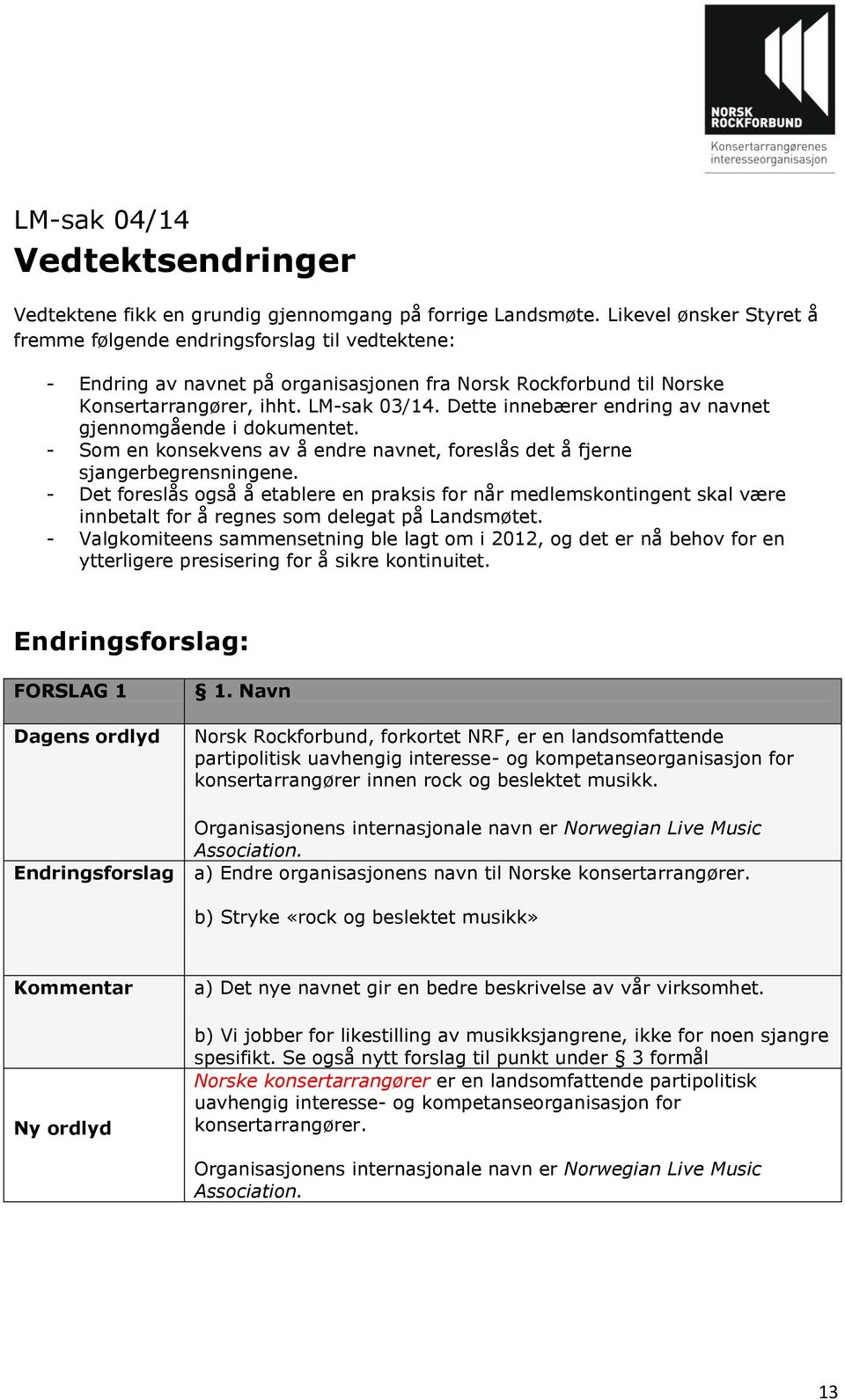 Dette innebærer endring av navnet gjennomgående i dokumentet. - Som en konsekvens av å endre navnet, foreslås det å fjerne sjangerbegrensningene.