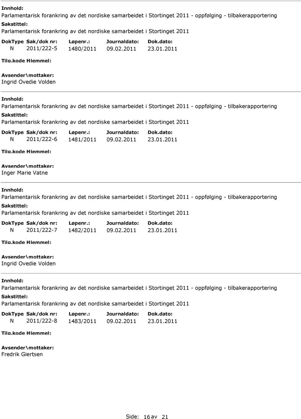 2011 ngrid Ovedie Volden Parlamentarisk forankring av det nordiske samarbeidet i Stortinget 2011 - oppfølging - tilbakerapportering Parlamentarisk forankring av det nordiske samarbeidet i Stortinget