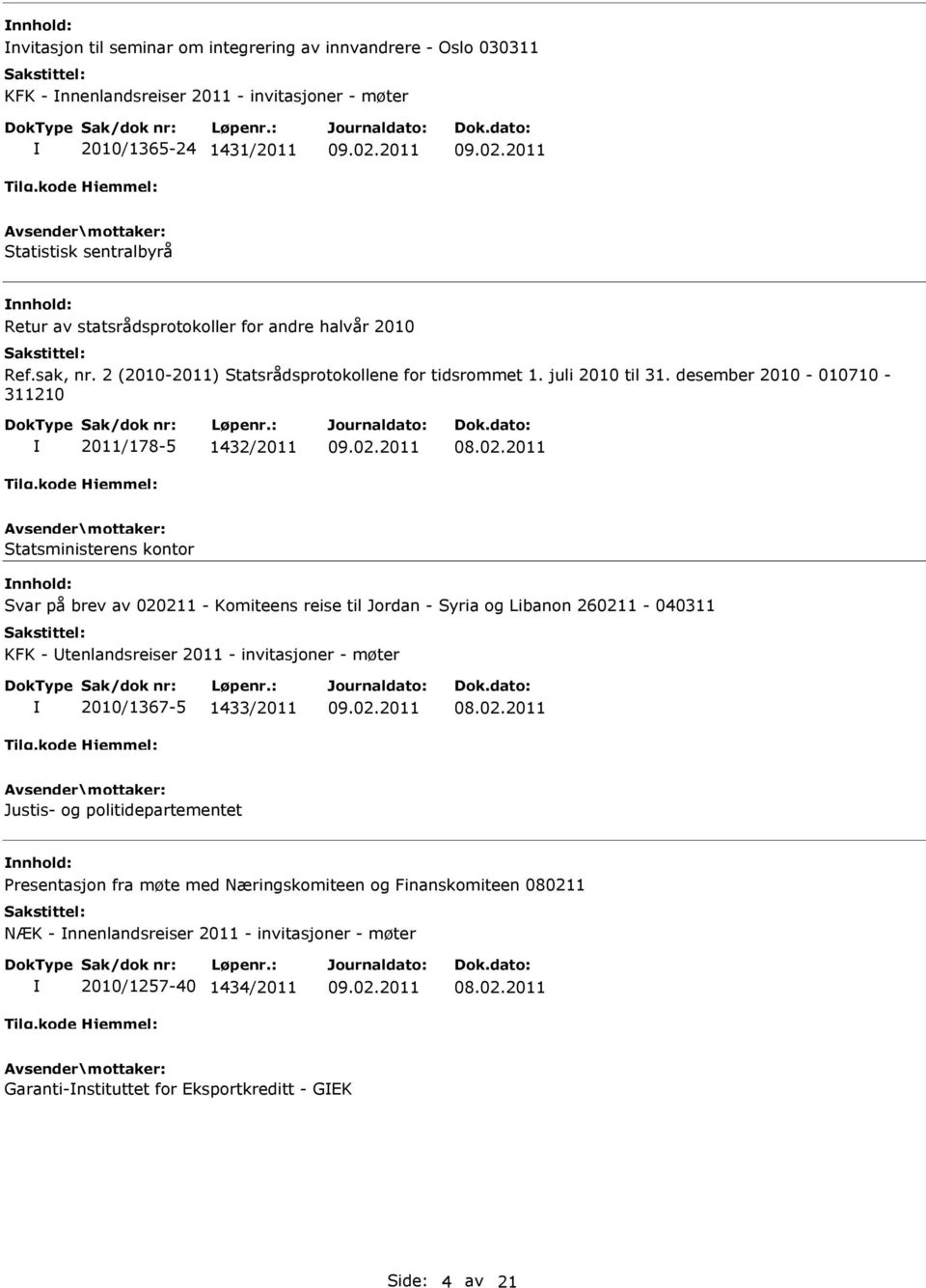 desember 2010-010710 - 311210 2011/178-5 1432/2011 Statsministerens kontor Svar på brev av 020211 - Komiteens reise til Jordan - Syria og Libanon 260211-040311 KFK - tenlandsreiser 2011 -