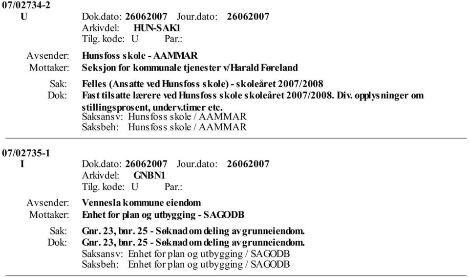 tilsatte lærere ved Hunsfoss skole skoleåret 2007/2008. Div. opplysninger om stillingsprosent, underv.timer etc. 07/02735-1 I Dok.dato: Jour.