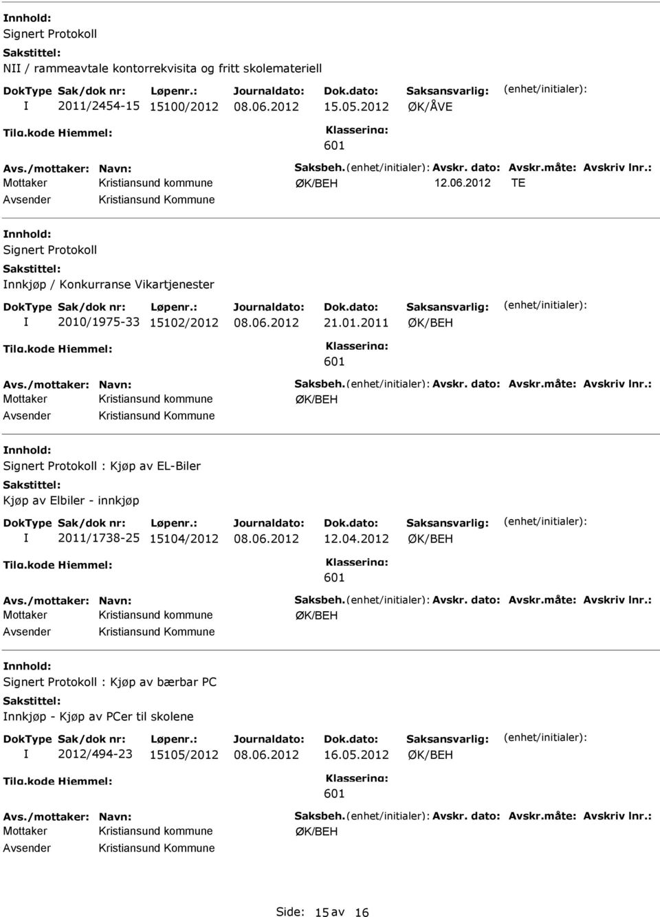 04.2012 Kristiansund Kommune Signert Protokoll : Kjøp av bærbar PC nnkjøp - Kjøp av PCer til skolene 2012/494-23 15105/2012 16.