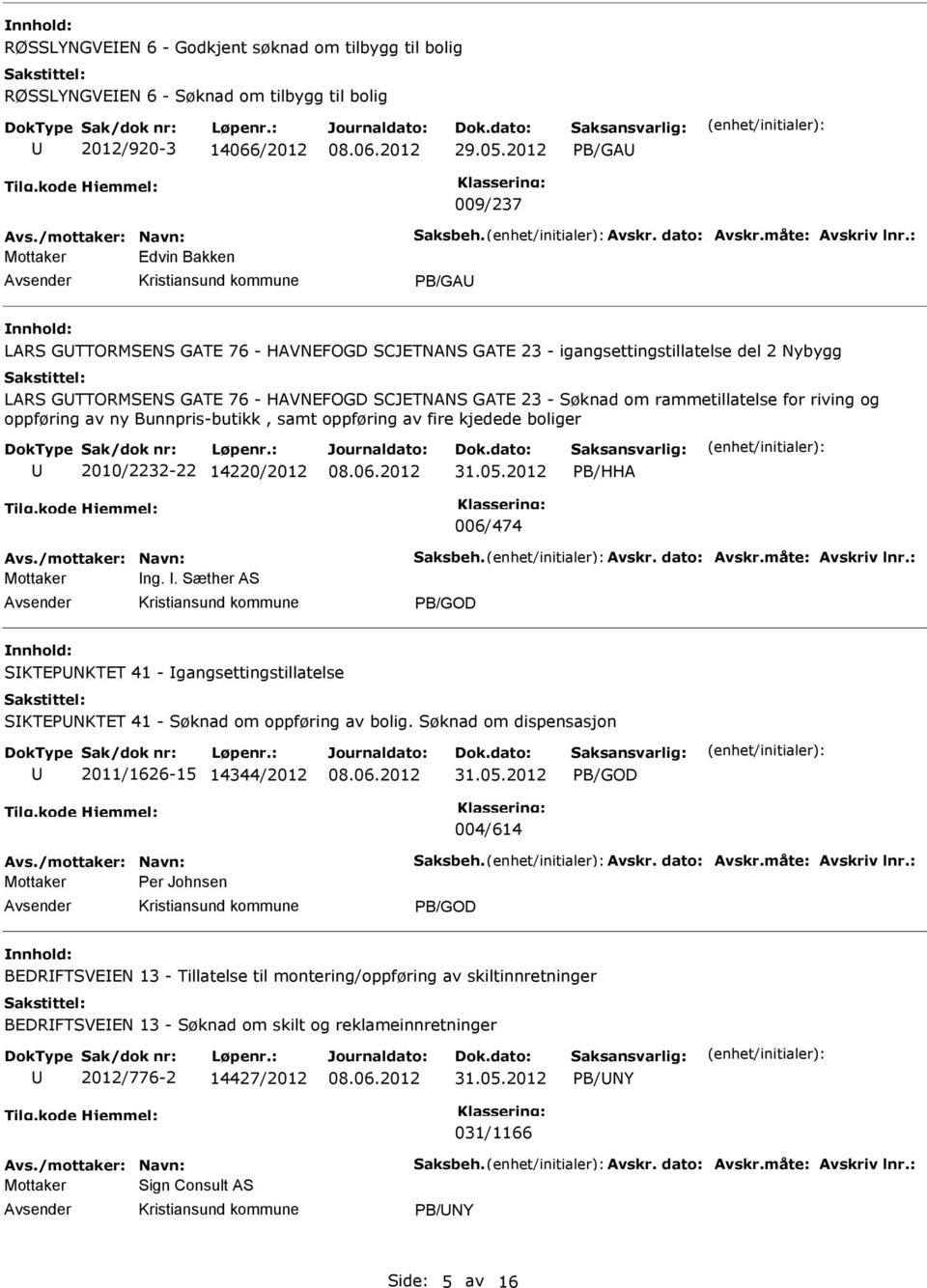 Søknad om rammetillatelse for riving og oppføring av ny Bunnpris-butikk, samt oppføring av fire kjedede boliger 2010/2232-22 14220/2012 31.05.2012 PB/HHA 006/474 Mottaker ng.