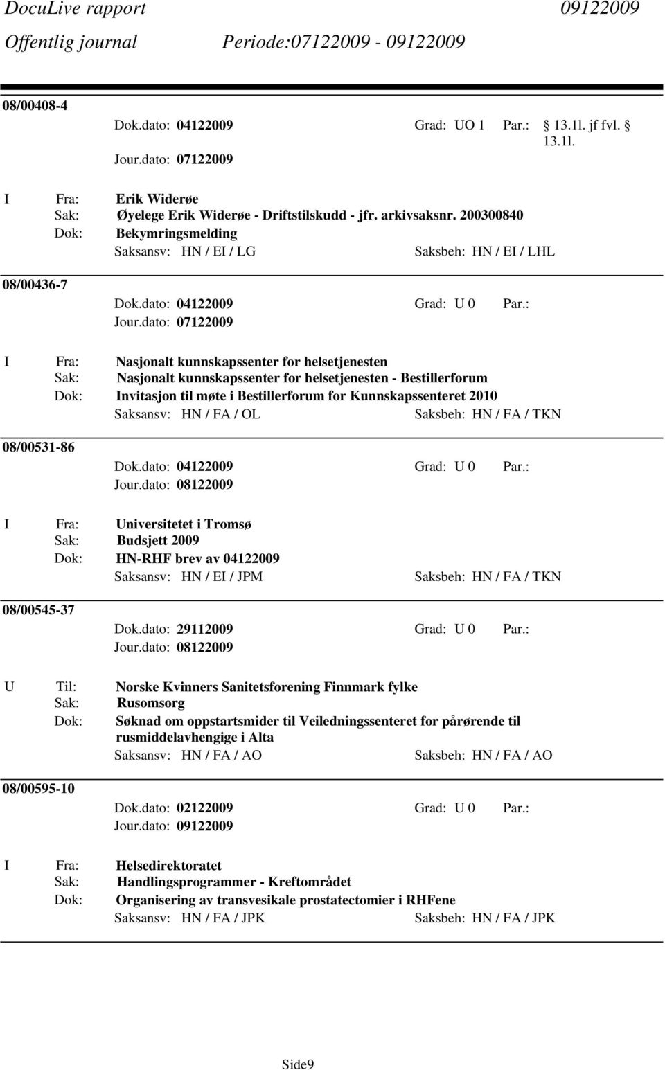 Invitasjon til møte i Bestillerforum for Kunnskapssenteret 2010 Saksansv: HN / FA / OL Saksbeh: HN / FA / TKN 08/00531-86 I Fra: Universitetet i Tromsø Budsjett 2009 HN-RHF brev av 04122009 Saksansv: