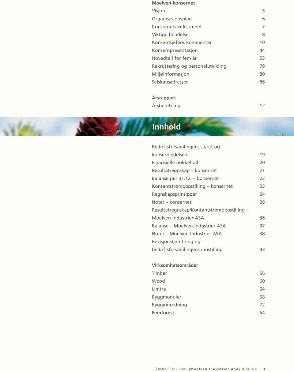 12. konsernet 22 Kontantstrømoppstilling konsernet 23 Regnskapsprinsipper 24 Noter konsernet 26 Resultatregnskap/Kontantstrømoppstilling Moelven Industrier ASA 36 Balanse Moelven Industrier ASA 37