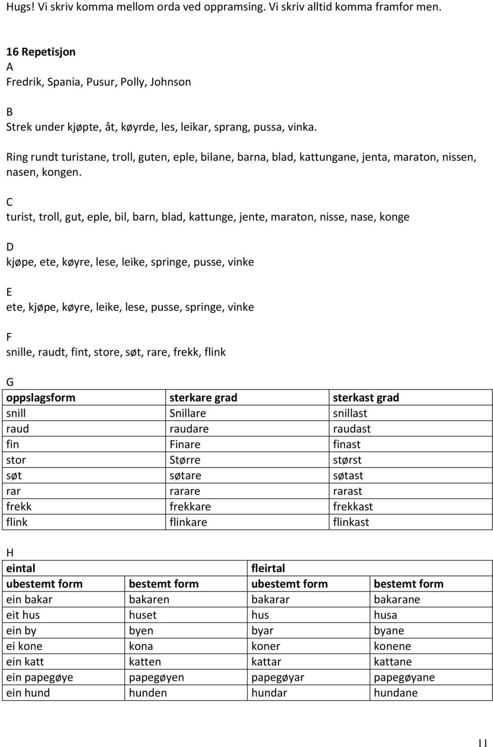 Ring rundt turistane, troll, guten, eple, bilane, barna, blad, kattungane, jenta, maraton, nissen, nasen, kongen.