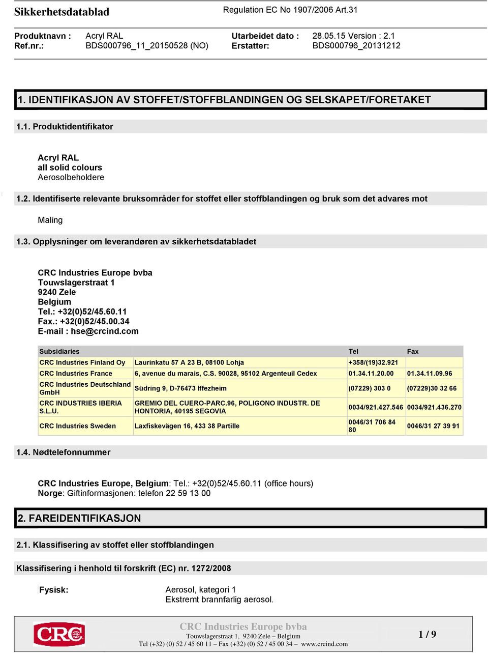 Opplysninger om leverandøren av sikkerhetsdatabladet Touwslagerstraat 1 9240 Zele Belgium Tel.: +32(0)52/45.60.11 Fax.: +32(0)52/45.00.34 E-mail : hse@crcind.