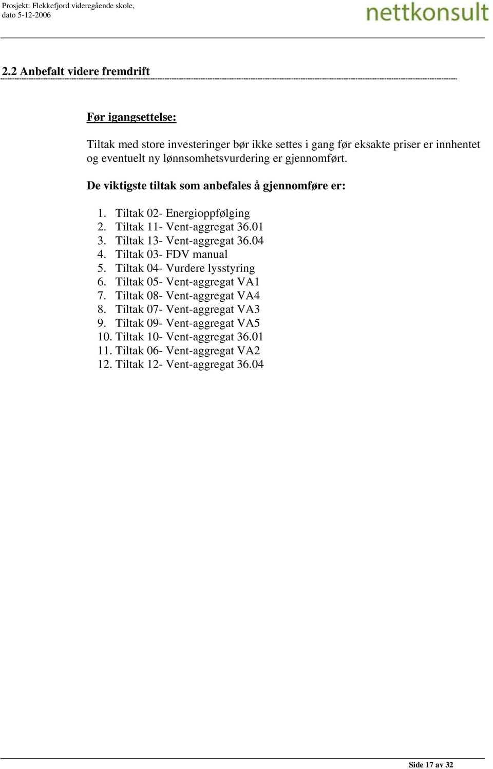 Tiltak 13- Vent-aggregat 36.04 4. Tiltak 03- FDV manual 5. Tiltak 04- Vurdere lysstyring 6. Tiltak 05- Vent-aggregat VA1 7. Tiltak 08- Vent-aggregat VA4 8.