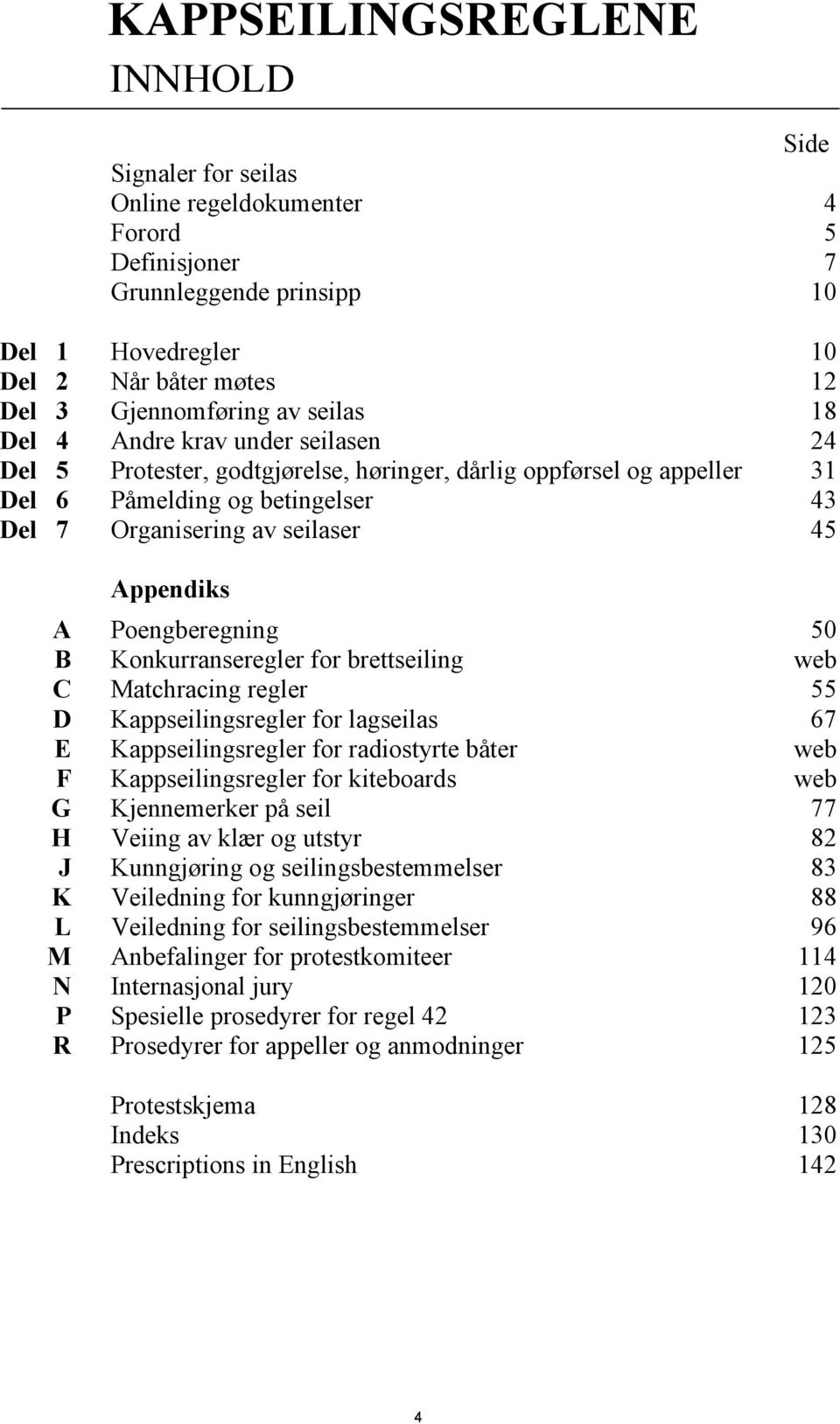 Poengberegning 50 B Konkurranseregler for brettseiling web C Matchracing regler 55 D Kappseilingsregler for lagseilas 67 E Kappseilingsregler for radiostyrte båter web F Kappseilingsregler for