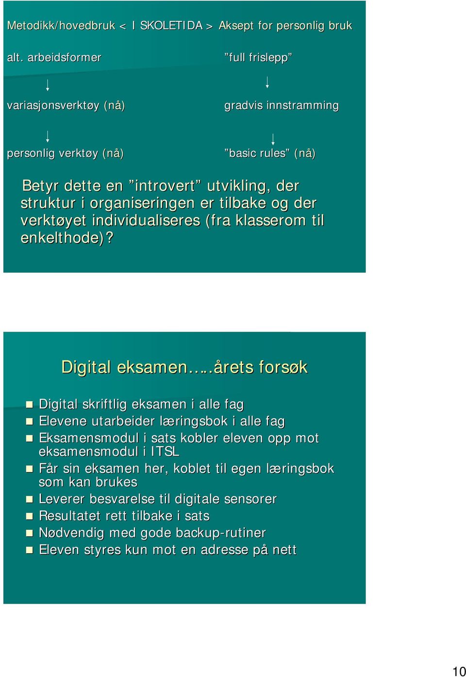 er tilbake og der verktøyet individualiseres (fra klasserom til enkelthode)? Digital eksamen.