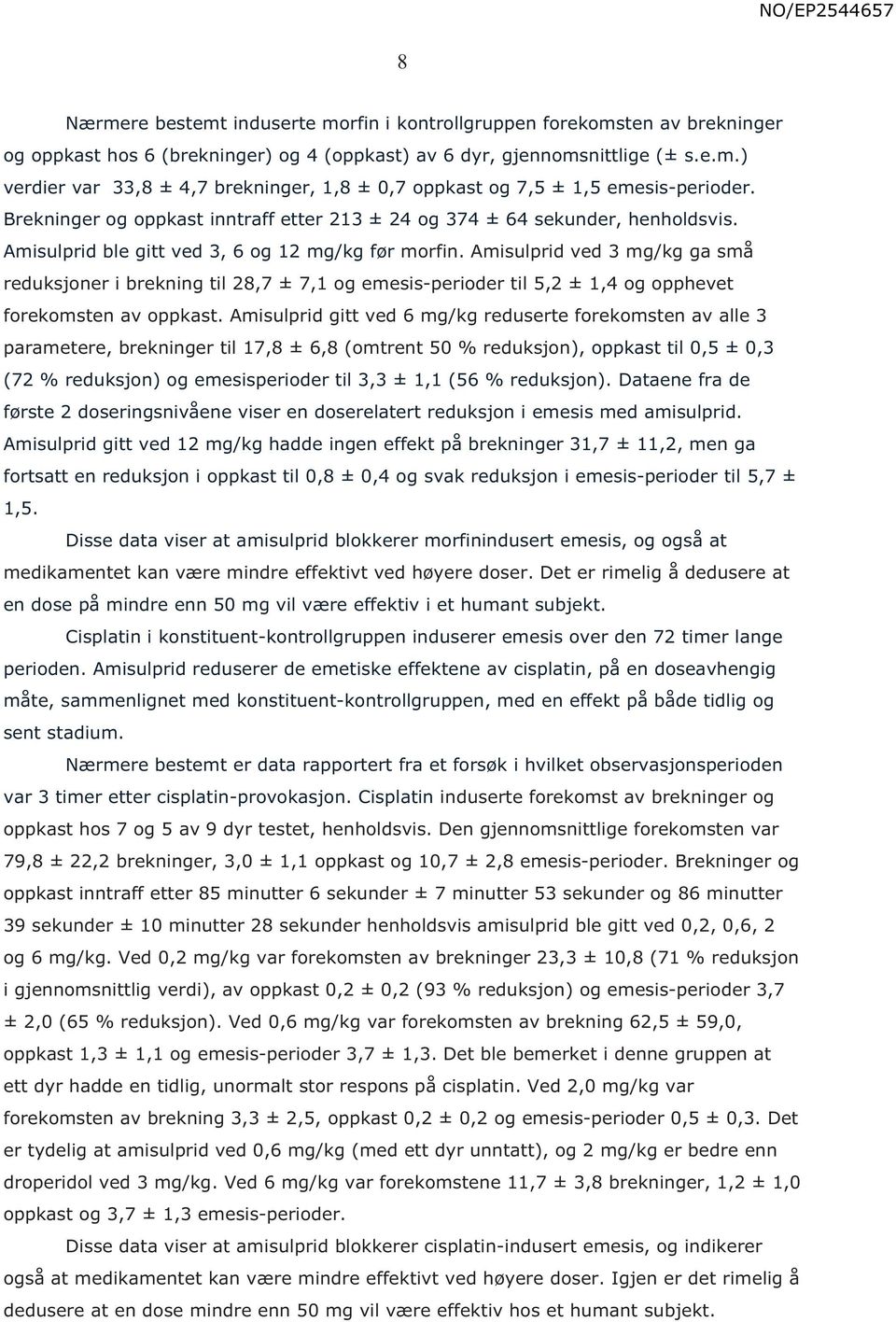 Amisulprid ved 3 mg/kg ga små reduksjoner i brekning til 28,7 ± 7,1 og emesis-perioder til 5,2 ± 1,4 og opphevet forekomsten av oppkast.