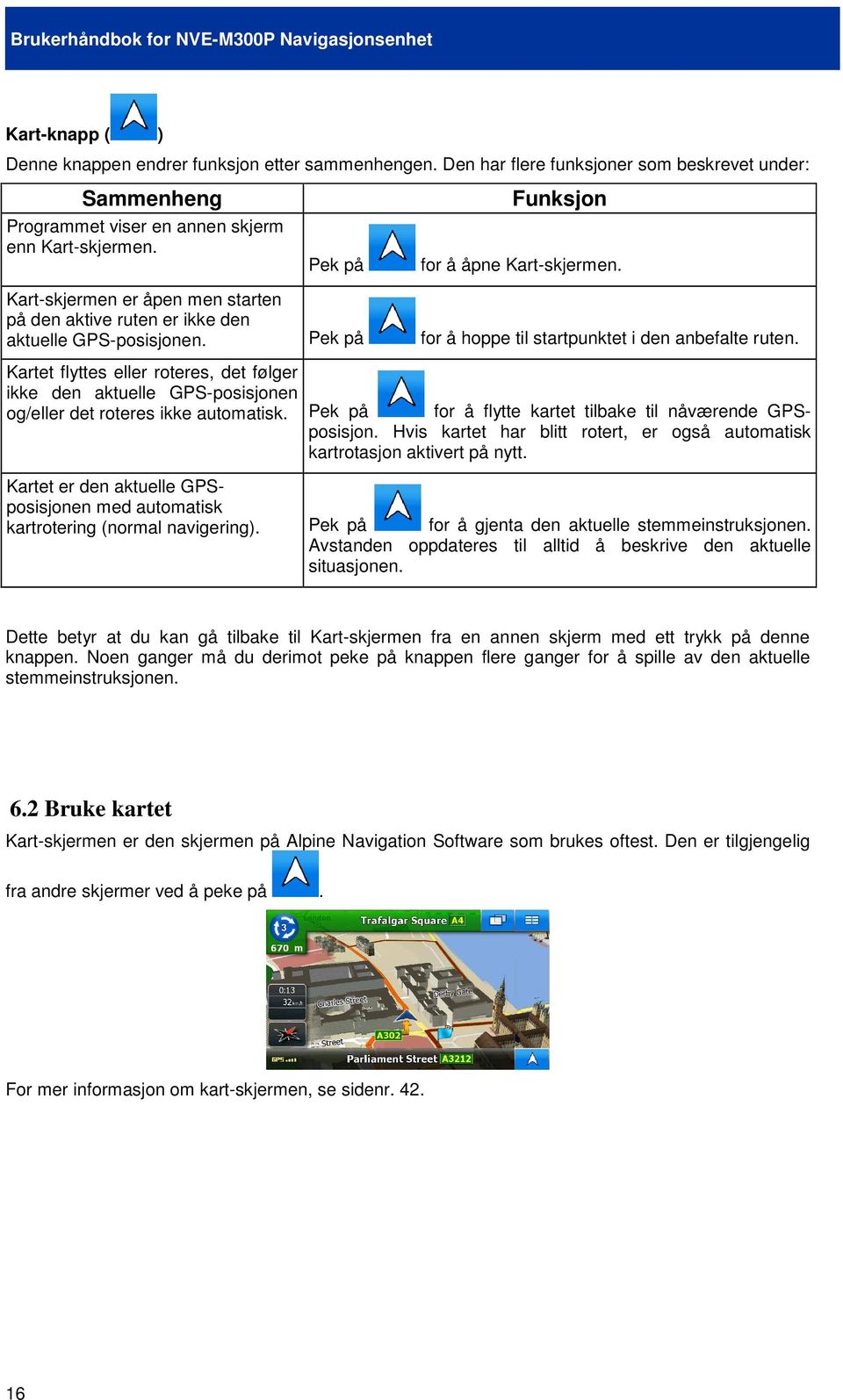 Kartet flyttes eller roteres, det følger ikke den aktuelle GPS-posisjonen og/eller det roteres ikke automatisk. Pek på for å flytte kartet tilbake til nåværende GPSposisjon.