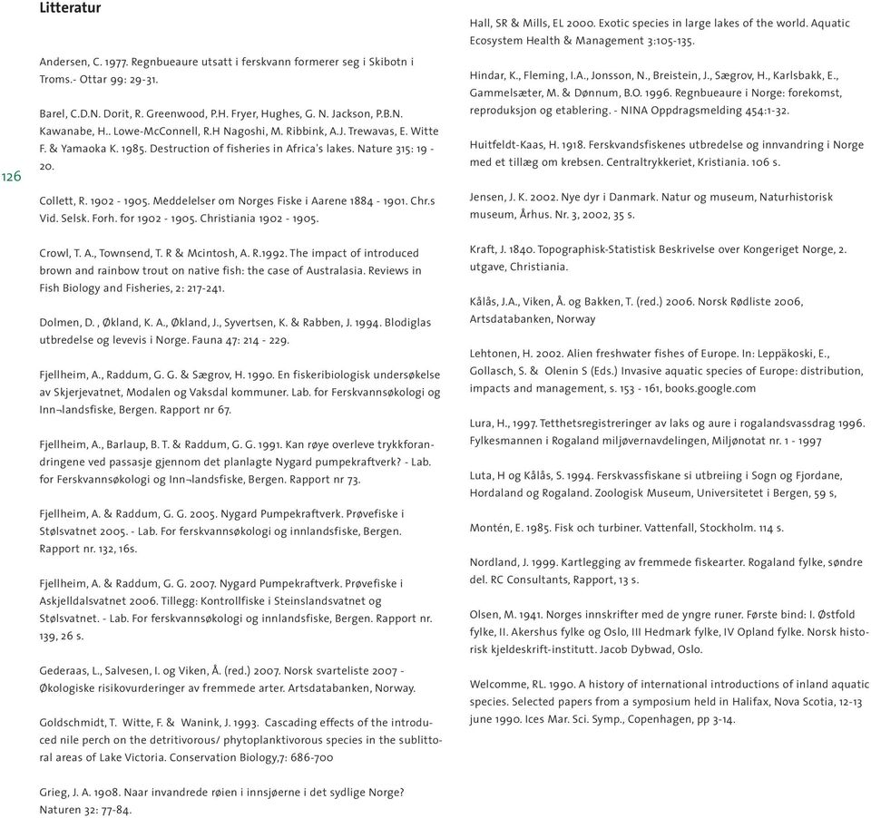 Meddelelser om Norges Fiske i Aarene 1884-1901. Chr.s Vid. Selsk. Forh. for 1902-1905. Christiania 1902-1905. Crowl, T. A., Townsend, T. R & Mcintosh, A. R.1992.