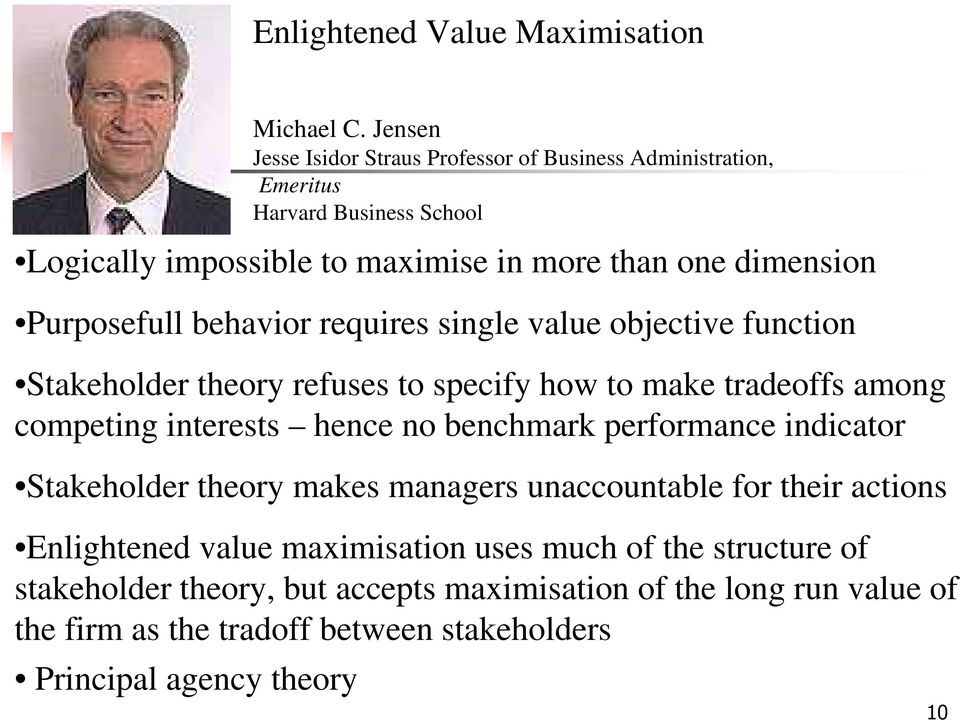 Purposefull behavior requires single value objective function Stakeholder theory refuses to specify how to make tradeoffs among competing interests hence no