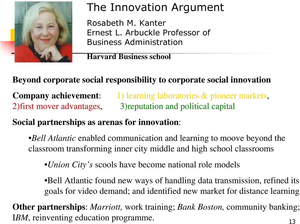 markets, 2)first mover advantages, 3)reputation and political capital Social partnerships as arenas for innovation: Bell Atlantic enabled communication and learning to moove beyond the classroom