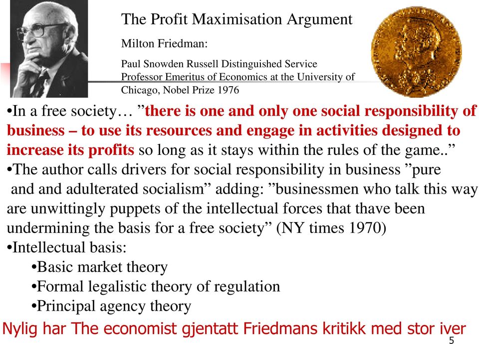 . The author calls drivers for social responsibility in business pure and and adulterated socialism adding: businessmen who talk this way are unwittingly puppets of the intellectual forces that thave